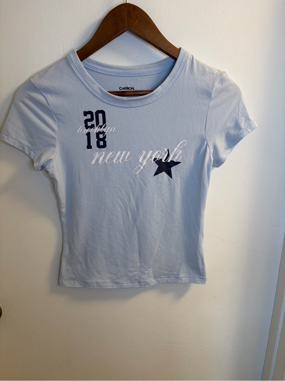 Carbon Baby Blue New York 2018 Graphic Baby Tee Size S Fitted Y2K Sporty